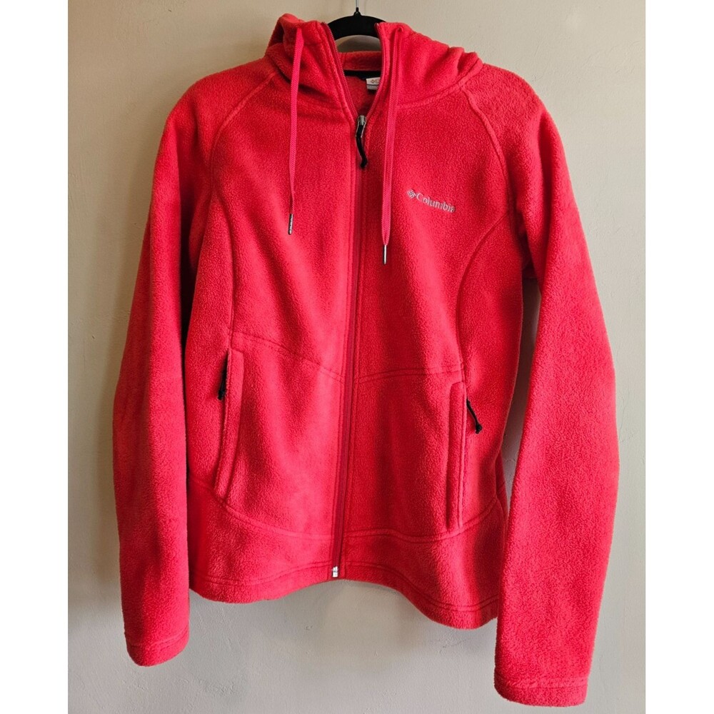 Columbia Jacket Womens Lrg Red Fleece Hooded Full Zip Pockets Logo